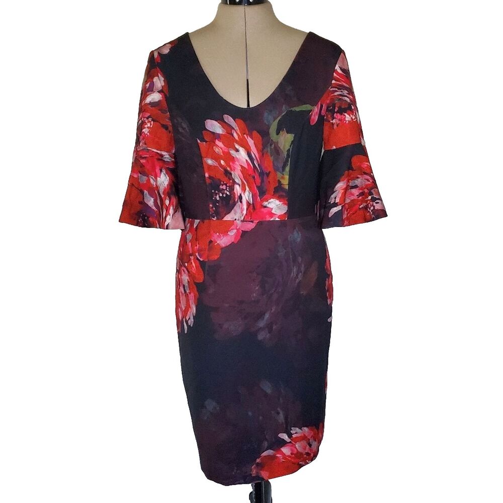 NEW Trina Turk Women’s Dress Size 2 Red Floral Bell Sleeve Stretch Sheath Dress - Picture 2 of 10